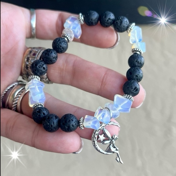 Lava rock & iridescent opalite chips fairy moon star bead bracelet boho - Picture 2 of 10